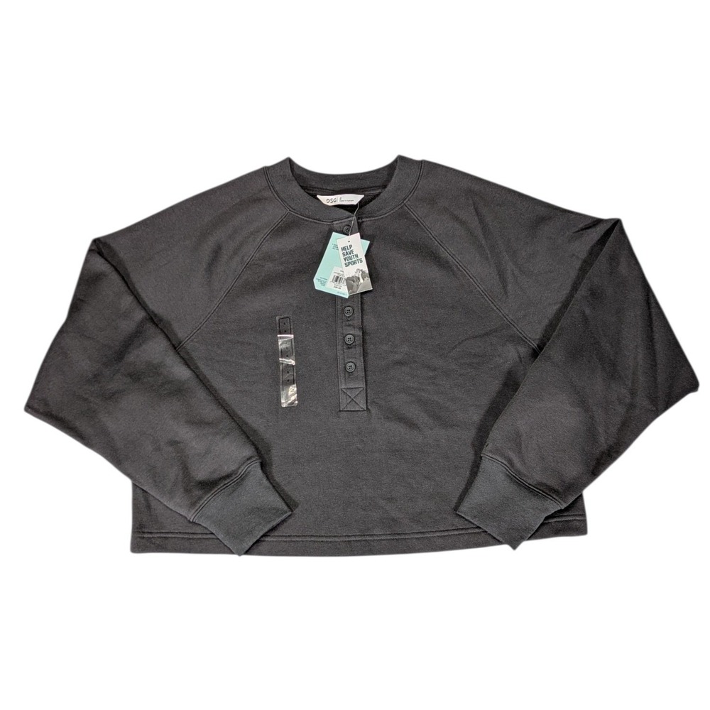 DSG Womens Favorite Fleece Henley Cropped Sweatshirt Charcoal Black Small NWT
